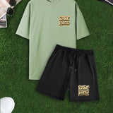 Conjunto de dos piezas para hombre con camiseta suelta de gran tamano con diseno impreso de letras y pantalones cortos con cintura ajustable y cordon
