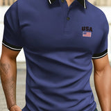 Camisa de polo de manga corta para hombres con letras de la bandera de Estados Unidos USA impresas, cuello retro ajustado, estilo deportivo casual, moda versatil y parte superior de exterior.