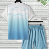 Manfinity Chillmode Conjunto casual de verano para hombres, camiseta de manga corta y cuello redondo con estampado de palmeras y pantalones cortos