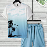 Manfinity Chillmode Conjunto casual de verano para hombres, camiseta de manga corta y cuello redondo con estampado de palmeras y pantalones cortos