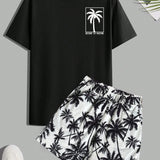 Conjunto de camiseta de manga corta y pantalones cortos con estampado tropical para hombre