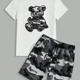 Manfinity Hypemode Conjunto de Camiseta Casual de manga corta y cuello redondo de Camo Teddy y Shorts para hombre en verano