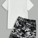 Manfinity Hypemode Conjunto de Camiseta Casual de manga corta y cuello redondo de Camo Teddy y Shorts para hombre en verano