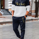 Conjunto de camiseta y pantalon jogger para hombres estampado con diseno de Rey y Corona