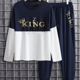 Conjunto de camiseta y pantalon jogger para hombres estampado con diseno de Rey y Corona