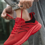 Zapatillas de deporte de punto transpirables para hombres con letras rojas de rayas, zapatillas de correr casuales suaves y con suela exterior de color block con cordon delantero