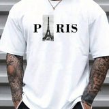 Camiseta casual de manga corta con estampado de alfabeto y Torre Eiffel en talla grande con cuello redondo, perfecta para uso diario en primavera y verano