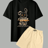 Conjunto de dos piezas para hombre compuesto por camiseta de manga corta con estampado de dibujos animados y cuello redondo + pantalones cortos de unicolor con cordon y bolsillos