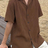 DAZY Camisa de manga corta para hombre con cuello con solapas y botones frontales en unicolor para el verano