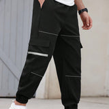 Pantalones largos simples y casuales para hombres con grandes bolsillos y rayas reflectantes