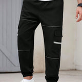 Pantalones largos simples y casuales para hombres con grandes bolsillos y rayas reflectantes