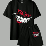Conjunto de camiseta de manga corta y pantalones cortos para hombre con diseno de dientes y letras, verano