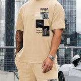 Manfinity Homme Conjunto de camiseta de manga corta casual para hombre de verano con estampado de letras, cuello redondo y pantalon corto con cintura ajustable