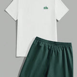 Manfinity Hypemode Conjunto de Camiseta estampada con lema de montanas y Pantalones cortos tejidos solido para Hombres en verano