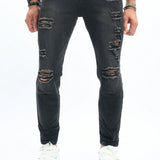 Manfinity Homme Jeans de hombre lavados con agua y desgastados con bolsillos oblicuos para ropa informal y streetwear de ajuste delgado