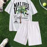 NEW Conjunto de 2 piezas de verano para hombre con camiseta de manga corta con estampado de arbol de coco y shorts