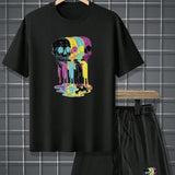 Conjunto de camiseta de manga corta y shorts estampados de patron de craneo para hombres, informales de verano