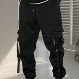 Pantalones deportivos informales de carga de los hombres en color negro con multiples bolsillos y punos con cordon