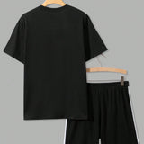Conjunto de camiseta de manga corta con cuello redondo y pantalones cortos con bolsillos para hombres de verano con bloques de color
