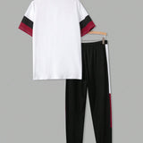 Conjunto de dos piezas para verano de Hombres: camiseta de manga corta con cuello redondo y contraste de colores + pantalones largos con cordon y bolsillo