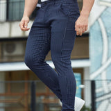 Pantalones a rayas negras para hombre, Pantalones de vestir ajustados y elasticos de ajuste ajustado con bolsillo oblicuo