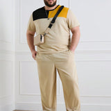 Manfinity Conjunto para hombre de talla grande primavera/verano, informal con camiseta de manga corta a bloques de color y pantalones largos