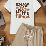 Manfinity Hypemode Conjunto de camiseta floja casual de verano y pantalones cortos con cintura ajustable y estampado de letras y dibujos animados para hombres