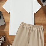 Manfinity Hypemode Conjunto de camiseta floja casual de verano y pantalones cortos con cintura ajustable y estampado de letras y dibujos animados para hombres