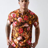 Forever 21 Camiseta de cuello Henley para hombre, ajustada, de algodon puro, con estampado floral marron