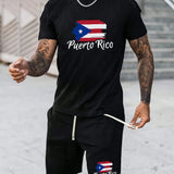 NEW Conjunto casual de verano para hombres, camiseta de manga corta con impresion de letras y bandera y pantalones cortos