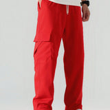 Pantalones deportivos casuales rojos para hombre con bolsillos laterales de carga rectos
