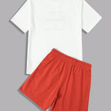 Manfinity Sporsity Conjunto de camiseta y pantalones cortos casuales de verano para hombres con cuello redondo, mangas cortas con estampado de letras