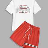 Manfinity Sporsity Conjunto de camiseta y pantalones cortos casuales de verano para hombres con cuello redondo, mangas cortas con estampado de letras