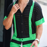 Jersey de punto a crochet de manga corta y botones con bloques de color para hombre, elegante para verano