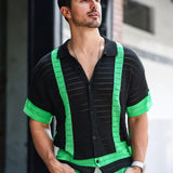 Jersey de punto a crochet de manga corta y botones con bloques de color para hombre, elegante para verano