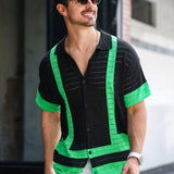 Jersey de punto a crochet de manga corta y botones con bloques de color para hombre, elegante para verano