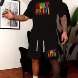 Conjunto de dos piezas de camiseta y pantalones cortos estampados con letras en colores del arcoiris para hombre, atuendos de verano