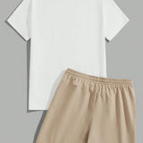 Manfinity Hypemode Conjunto Casual de Verano para Hombres, Camiseta con Eslogan de Cuello Redondo de Manga Corta y Pantalon Tejido