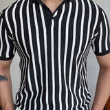 Camisa polo de punto de moda para hombre con manga corta y rayas blanco y negro