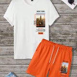Manfinity RSRT Conjunto de camiseta de manga corta y pantalones cortos para hombres impresos con un eslogan escenico para el verano