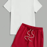 Manfinity Hypemode Conjunto de camiseta casual de manga corta de cuello redondo con estampado de letras de verano para hombres y pantalones cortos de jacquard