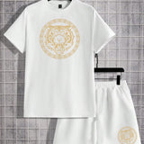 Manfinity Homme Conjunto de dos piezas de camiseta blanca de manga corta casual tejida y pantalones cortos con estampado de tigre para hombre