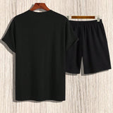 Manfinity Set de camiseta casual de manga corta con cuello redondo y pantalones cortos de verano con estampado de alfabeto para hombre