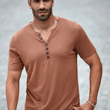 NEW Manfinity Homme Camiseta de verano para hombre con ajuste delgado, cuello en V y decoracion de botones en el escote