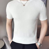 Camisa De Punto De Manga Corta Con Cuello De Polo De Rayas Verticales Y Patron Texturado De Moda Para Hombres