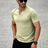 NEW Manfinity Homme Camiseta de algodon de verano para hombre de unicolor y ajuste slim con diseno recortado en V-neck