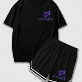 ROMWE Street Life Hombres Camiseta Con Estampado De Mariposa Y Eslogan & Shorts Con Cintura Con Cordon