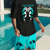 Manfinity Hypemode Conjunto de vacaciones de verano para hombres: Sandalias con impresiones personalizadas, Camiseta de manga corta con letras impresas y Shorts con impresion de arbol de coco