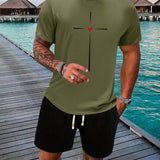 Set de camiseta de manga corta y pantalones cortos de ajuste regular para hombre, atuendo estampado de moda y casual con bolsillos y cintura elastica con cordon para el verano