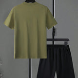 Set de camiseta de manga corta y pantalones cortos de ajuste regular para hombre, atuendo estampado de moda y casual con bolsillos y cintura elastica con cordon para el verano